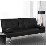 Madaline 2-Seater Leather Cup Holder Futon Sofa Bed Lounge Couch - Black