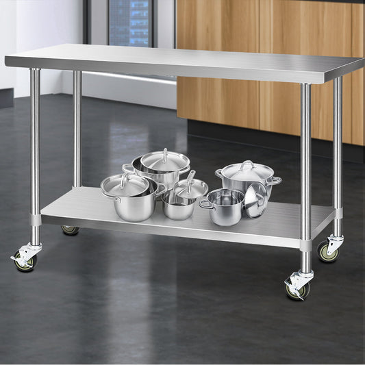 304 Stainless Steel Kitchen Benches Work Bench Food Prep Table with Wheels 1524Mmx610MM