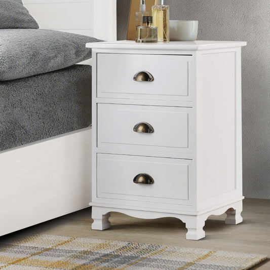Gander Wooden Vintage Bedside Table Vintage Chest Storage Cabinet Nightstand with 3 Drawers - White