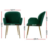 Bentley Set of 2 Dining Chairs Velvet Armchair - Green