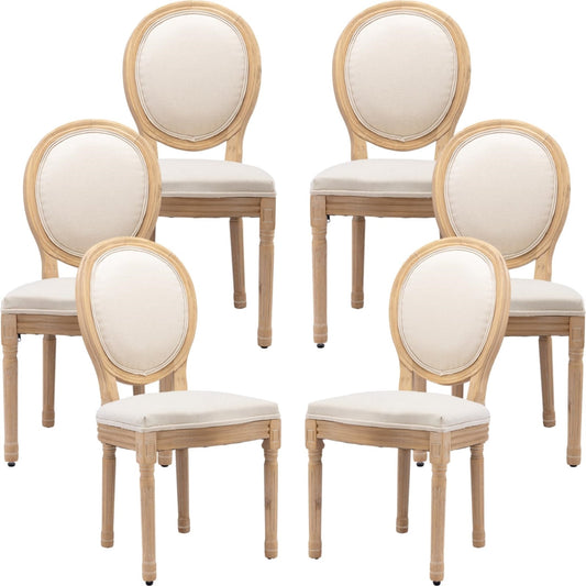 AADEN 6x Linen Dining Chairs with Solid Wood Legs- Beige