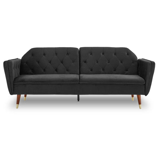 Marissa 2-Seater Faux Velvet Tufted Futon Sofa Bed Couch - Black