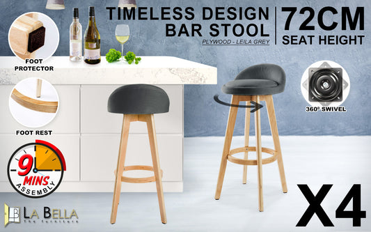 Set of 4 Aberdeen Wooden Bar Stool Dining Chair Fabric - Grey