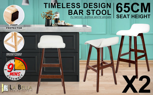 Set of 2 Cambridge Wooden Bar Stool Dining Chair Leather - White & Brown