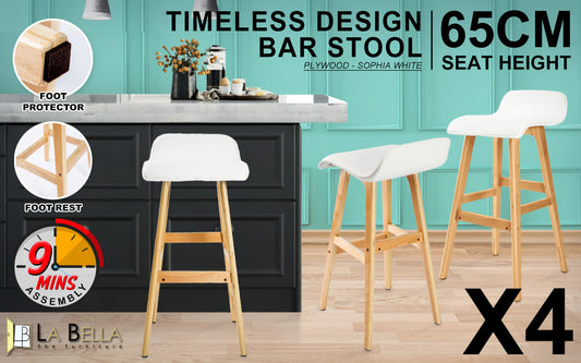 Set of 4 Belfast Wooden Bar Stool Dining Chair Leather - White