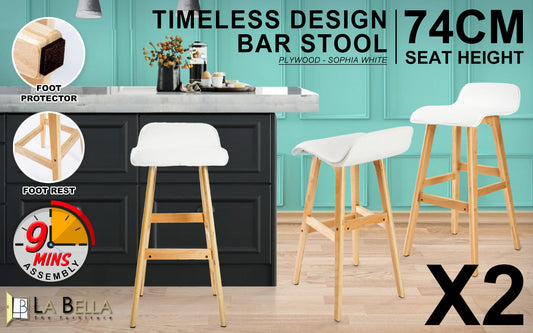 Set of 2 Cardiff Wooden Bar Stool Dining Chair Leather - White