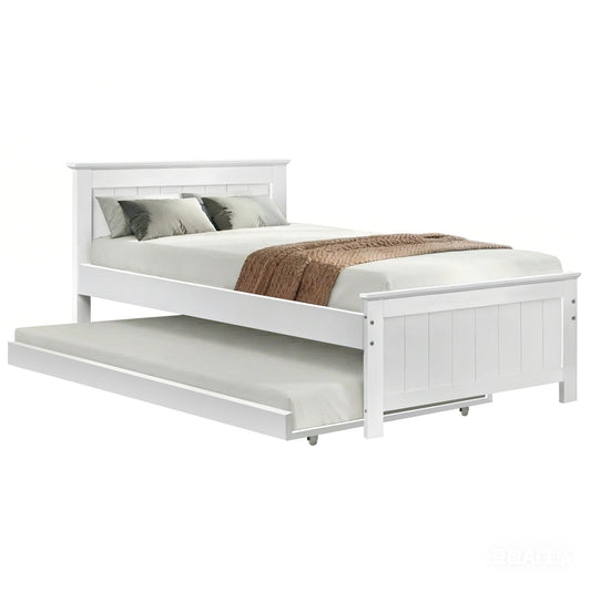 Trudy Trundle Bed Frame Timber Slat - White King Single