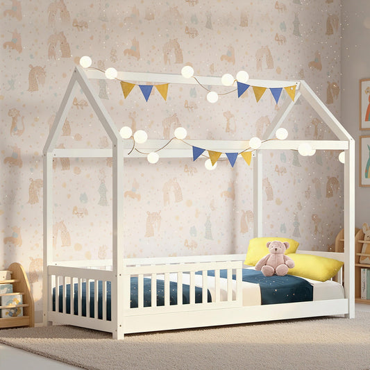 Blair Wooden Bed Frame House Pine Timber Platform - White Single