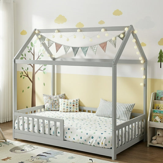Blair White Wooden Bed Frame House Pine Timber Platform - Grey Single