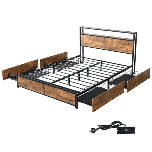 Maylen LED Bed Frame with 4 Drawers and USB Charger - Brown Queen