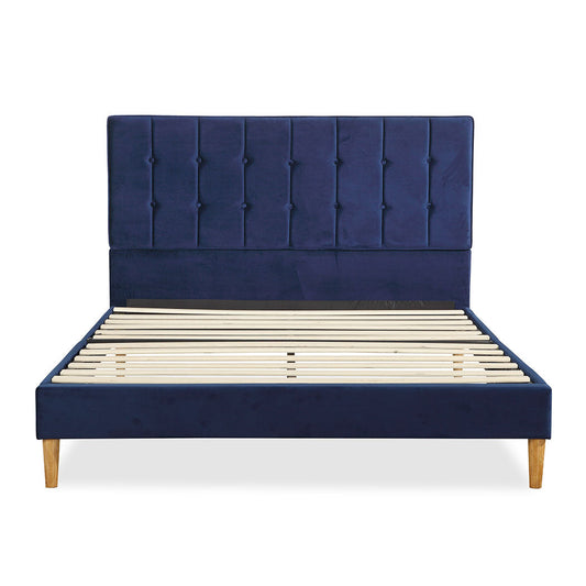 Venlo Bed Frame Base Platform Wooden Velvet with Headboard Blue - Queen