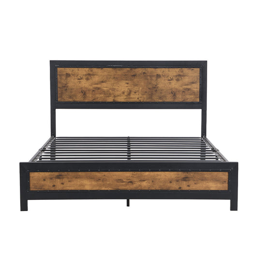Elvira Metal Bed Frame Platform Wooden Rivets no Drawers - Black & Wood Double