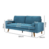 Maylee 3-Seater Fabric Sofa Armchair Couch 191cm Wide - Blue