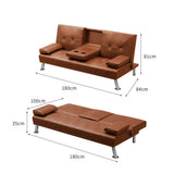 Marny 3-Seater Adjustable Sofa Bed Lounge Futon Couch Leather Beds Cup Holder Recliner - Brown
